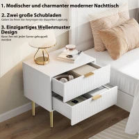 Nachttisch mit 2 Schubladen, vertikalem Rillenmuster, Metallgriffen und Metallbeinen, Antikweiß(m-5)