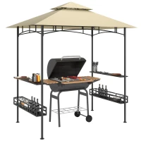 Outsunny BBQ-Tent, Grill-Tent, Tuinpaviljoen met 2 Planken, Opbergmanden, Haken, voor Terras, Beige(m-11)