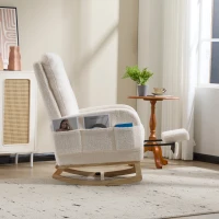 Fauteuil à bascule d’allaitement, dossier haut, tissu teddy, poche latérale, repose-pieds, base en bois courbé, Blanc(m-20)