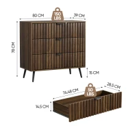 Commode à 3 tiroirs en MDF, poignées et pieds métalliques, style moderne, 80x39x78 cm, Noyer(m-3)