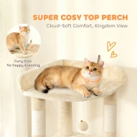 PawHut 170 cm Large Cat Tree, Cat Tower with 7 Scratching Posts, Tunnel, 2 Condos, Hammock, Perch, Ramp, Pompoms, Beige(m-5)