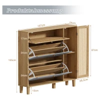 Schuhschrank mit Rattan-Elementen, flexiblem Stauraum und Metallbeinen, 107x24x105 cm, Grau(m-3)