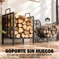 Outsunny Estante de Leña para Chimenea con Asas Leñero Interior y Exterior Almacenaje para Madera Soporte para Leña Tradicional Diseño Elevado 44,5x33x46,5 cm Negro(m-7)