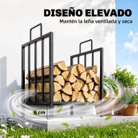 Outsunny Estante de Leña para Chimenea con Asas Leñero Interior y Exterior Almacenaje para Madera Soporte para Leña Tradicional Diseño Elevado 44,5x33x46,5 cm Negro(m-6)