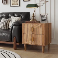 Nachttisch mit 2 Schubladen und geometrischen Intarsien, Boho-Stil, MDF, 48x38x56 cm, Walnussbraun(m-3)