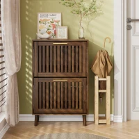 Schuhschrank, 60x24x93 cm, zwei Klappschubladen, offenes Schuhregal, Kippschutz, Landhaus-Design, Walnuss(m-1)