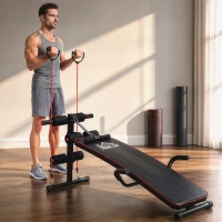 HOMCOM Banc de musculation appareil à abdo hauteur réglable 137,5L x 55,5l x 50-68H cm 2 bandes de résistances + ressort central traction acier noir rouge(m-2)