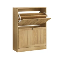 Schuhschrank mit 2 Kippfächern, verstellbaren Einlegeböden, Staubschutz und Kippschutz, 60 x 24 x 80 cm, Eiche(m-8)