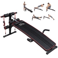 HOMCOM Banc de musculation appareil à abdo hauteur réglable 137,5L x 55,5l x 50-68H cm 2 bandes de résistances + ressort central traction acier noir rouge