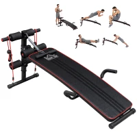 HOMCOM Banc de musculation appareil à abdo hauteur réglable 137,5L x 55,5l x 50-68H cm 2 bandes de résistances + ressort central traction acier noir rouge(m-1)