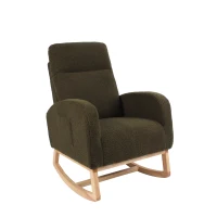 Fauteuil à bascule d’allaitement en tissu teddy, dossier haut ergonomique, base incurvée en bois et poche latérale, Vert(m-21)