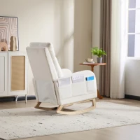 Fauteuil à bascule d’allaitement, dossier haut, tissu teddy, poche latérale, repose-pieds, base en bois courbé, Blanc(m-21)