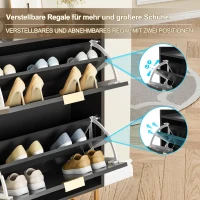 Schuhschrank mit 2 Klappen, schmaler Schuhkipper mit Kippschutz und verstellbaren Trennwänden, 50x24x103,5 cm, Schwarz(m-4)