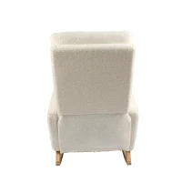 Fauteuil à bascule d’allaitement, dossier haut, tissu teddy, poche latérale, repose-pieds, base en bois courbé, Blanc(m-25)
