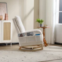 Fauteuil à bascule d’allaitement, dossier haut, tissu teddy, poche latérale, repose-pieds, base en bois courbé, Blanc(m-19)