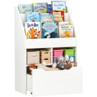 HOMCOM Estante de Madeira para Brinquedos com 3 Compartimentos 2 Cubos e Gaveta Móvel com 4 Rodas Estante para Livros Infantil para Dormitório Infantil Sala de Jogos 60x29,9x90cm Branco(m-1)
