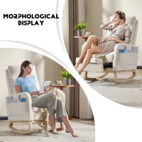 Fauteuil à bascule d’allaitement, dossier haut, tissu teddy, poche latérale, repose-pieds, base en bois courbé, Blanc(m-7)