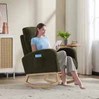 Fauteuil à bascule d’allaitement en tissu teddy, dossier haut ergonomique, base incurvée en bois et poche latérale, Vert(m-7)