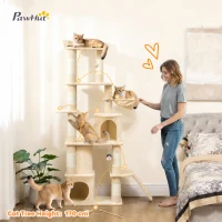 PawHut 170 cm Large Cat Tree, Cat Tower with 7 Scratching Posts, Tunnel, 2 Condos, Hammock, Perch, Ramp, Pompoms, Beige(m-4)