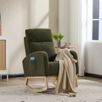 Fauteuil à bascule d’allaitement en tissu teddy, dossier haut ergonomique, base incurvée en bois et poche latérale, Vert(m-9)