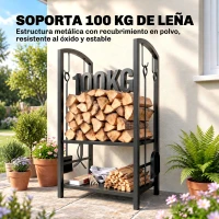 Outsunny Estante de Leña para chimenea Soporte para Leña de 2 Niveles Leñero Exterior e Interior Metálico con 4 Herramientas para Chimenea Carga Máx.100 kg 40x30x74,5 cm Negro(m-5)