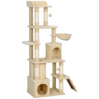 PawHut 170 cm Large Cat Tree, Cat Tower with 7 Scratching Posts, Tunnel, 2 Condos, Hammock, Perch, Ramp, Pompoms, Beige(m-11)