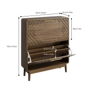 Schuhschrank, freistehend und schmal, mit geprägten Türen, offenem Ablagefach und goldfarbenen Griffen, 60x24x95 cm, Walnussfarben(m-2)