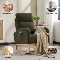 Fauteuil à bascule d’allaitement en tissu teddy, dossier haut ergonomique, base incurvée en bois et poche latérale, Vert(m-6)