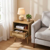 Nachttisch aus MDF mit Rattanfront, offenem Regal und Schublade, Boho- und Mid-Century-Design, goldener Griff, 45x40x55 cm, Walnuss(m-8)