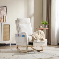 Fauteuil à bascule d’allaitement, dossier haut, tissu teddy, poche latérale, repose-pieds, base en bois courbé, Blanc(m-11)