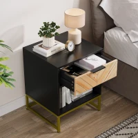Nachttisch mit Schublade und offenem Fach, modernes Mid-Century-Design, MDF, 43x40x55 cm, Schwarz+Naturfarbe(m-5)