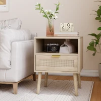 Nachttisch mit Rattanfront, Schublade und offenem Regal, Goldgriff, MDF, 45x40x55 cm, Dunkle Eiche(m-4)