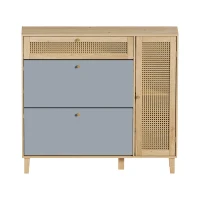 Schuhschrank mit Rattan-Elementen, flexiblem Stauraum und Metallbeinen, 107x24x105 cm, Grau(m-9)