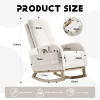 Fauteuil à bascule d’allaitement, dossier haut, tissu teddy, poche latérale, repose-pieds, base en bois courbé, Blanc(m-1)