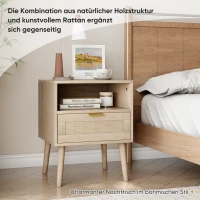 Nachttisch mit Rattanfront, Schublade und offenem Regal, Goldgriff, MDF, 45x40x55 cm, Dunkle Eiche(m-5)