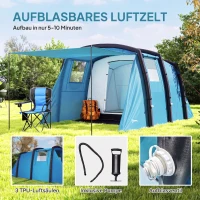 Outsunny Opblaasbare Campingtent 3-6 Personen Outdoor Tunneltent met Zijramen Deur Luchtsteunen 4,4 x 2,8 x 1,95 m Blauw(m-4)