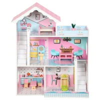 AIYAPLAY Casa de Bonecas de Madeira para Crianças Casa dos Sonhos de 3 Andares com Varanda Escadas e 10 Acessórios Rosa(m-13)