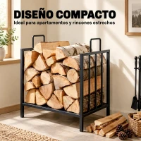 Outsunny Estante de Leña para Chimenea con Asas Leñero Interior y Exterior Almacenaje para Madera Soporte para Leña Tradicional Diseño Elevado 44,5x33x46,5 cm Negro(m-5)