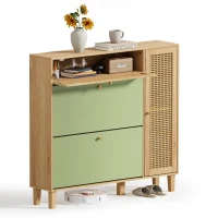 Schuhschrank mit Rattan-Elementen, verstellbaren und herausnehmbaren Trennwänden, platzsparendes Design, 107x24x105 cm, Grün(m-1)