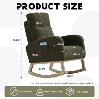 Fauteuil à bascule d’allaitement en tissu teddy, dossier haut ergonomique, base incurvée en bois et poche latérale, Vert(m-1)