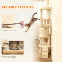 PawHut 170 cm Large Cat Tree, Cat Tower with 7 Scratching Posts, Tunnel, 2 Condos, Hammock, Perch, Ramp, Pompoms, Beige(m-9)