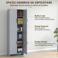 HOMCOM Dulap cămară de bucătărie din lemn cu 2 rafturi reglabile și 4 uși, 60x30x170,5 cm, gri(m-4)