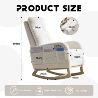 Fauteuil à bascule d’allaitement, dossier haut, tissu teddy, poche latérale, repose-pieds, base en bois courbé, Blanc(m-1)