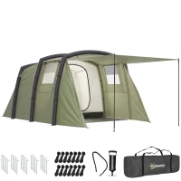 Outsunny Aufblasbares Campingzelt 3 Personen Outdoor Tunnelzelt mit Seitenfenstern Tür Luftträger 4,4 x 2,8 x 1,95 m Grün(m-12)