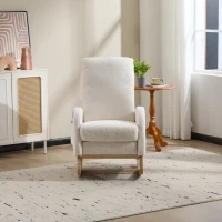 Fauteuil à bascule d’allaitement, dossier haut, tissu teddy, poche latérale, repose-pieds, base en bois courbé, Blanc(m-10)