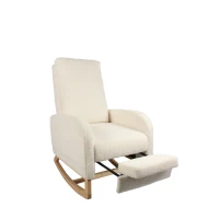 Fauteuil à bascule d’allaitement, dossier haut, tissu teddy, poche latérale, repose-pieds, base en bois courbé, Blanc(m-26)