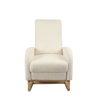 Fauteuil à bascule d’allaitement, dossier haut, tissu teddy, poche latérale, repose-pieds, base en bois courbé, Blanc(m-22)