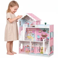 AIYAPLAY Casa de Bonecas de Madeira para Crianças Casa dos Sonhos de 3 Andares com Varanda Escadas e 10 Acessórios Rosa(m-1)