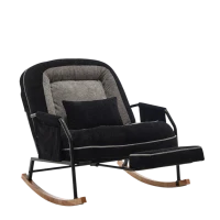 Fauteuil à bascule grand format, dossier réglable, repose-pieds escamotable, coussin rembourré, poches latérales, intérieur et extérieur, Noir+Gris(m-27)