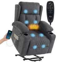 HOMCOM Fauteuil Releveur Électrique Massage Vibration et Chaleur, Fauteuil Relax Électrique Inclinable en Tissu Éponge, Gris(m-17)